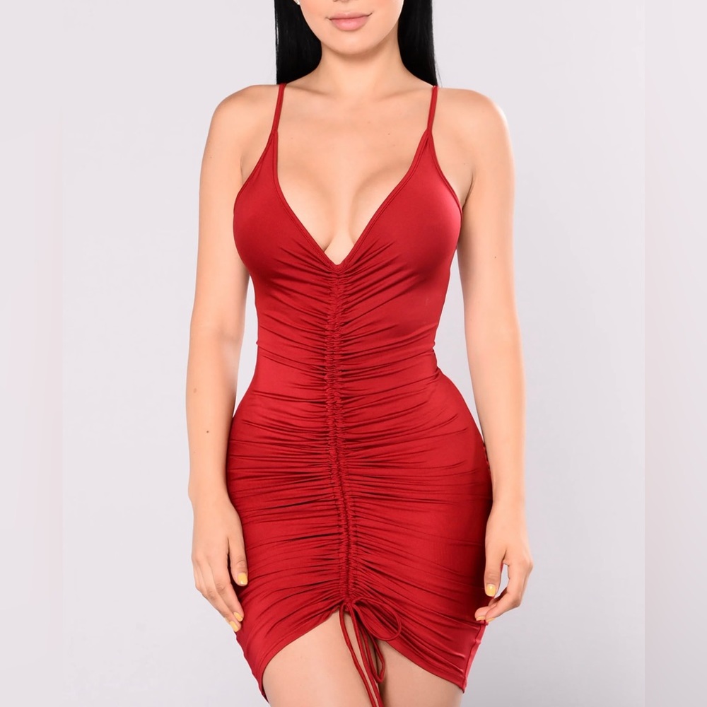 Ruched Drawstring Detail Burgundy Spaghetti Strap Dress